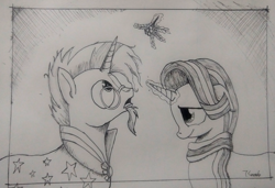 Size: 1820x1243 | Tagged: safe, artist:tkuroneko, starlight glimmer, sunburst, pony, unicorn, mistletoe, monochrome, traditional art