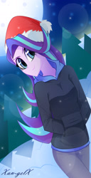 Size: 1034x2015 | Tagged: safe, artist:xan-gelx, starlight glimmer, equestria girls, christmas, clothes, female, hands in pockets, hat, holiday, pants, santa hat, smiling, snow, solo, tree