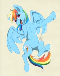 Size: 1021x1280 | Tagged: safe, artist:alicelgagne, derpibooru import, rainbow dash, pegasus, pony, action pose, flying, looking at you, open mouth, raised leg, signature, simple background, smiling, solo, time to be awesome, underhoof