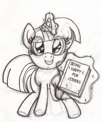 Size: 1312x1570 | Tagged: safe, artist:maddermike, derpibooru import, twilight sparkle, adorkable, book, cute, dork, looking at you, magic, monochrome, sitting, smiling, solo, telekinesis