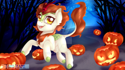 Size: 1024x576 | Tagged: safe, artist:tokokami, autumn blaze, sounds of silence, deviantart watermark, halloween, halloween 2018, holiday, jack-o-lantern, obtrusive watermark, pumpkin, solo, watermark