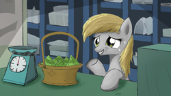 Size: 1200x675 | Tagged: safe, artist:rubberband5, derpy hooves, pegasus, pony, slice of life (episode), chinese food, female, mare, scene interpretation, solo, sweat, zongzi