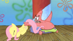 Size: 2222x1265 | Tagged: safe, fluttershy, pegasus, pony, 1000 years in photoshop, cuckolding in the description, flutterbuse, hate art, op is a cuck, op is a krabby patty, op is trying to start shit, patrick star, spongebob squarepants, valentine's day (spongebob episode)