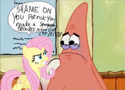 Size: 2222x1601 | Tagged: safe, fluttershy, pegasus, pony, 1000 hours in ms paint, cuckolding in the description, grammar error, ms paint, new student starfish, op is a cuck, op is a krabby patty, patrick star, spongebob squarepants, vulgar