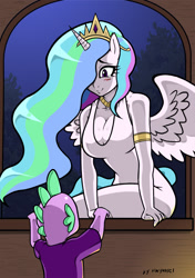 Size: 874x1240 | Tagged: safe, artist:franschesco, princess celestia, spike, anthro, ambiguous facial structure, blushing, breasts, cleavage, clothes, dress, evening gloves, female, implied shipping, male, princess breastia, shipping, spikelestia, spread wings, straight, straight shota