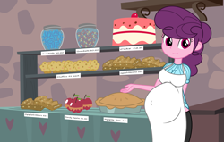 Size: 5200x3300 | Tagged: safe, artist:mintydrop2013, sugar belle, equestria girls, hard to say anything, absurd resolution, apple fritter (food), apple pie, apron, belly, big belly, cake, candy, candy apple (food), clothes, equestria girls-ified, gumball, looking at you, muffin, pie, pregnant, solo