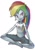 Size: 350x500 | Tagged: dead source, safe, artist:conoghi, derpibooru import, rainbow dash, equestria girls, barefoot, belly button, feet, grin, looking at you, midriff, sitting, smiling, solo