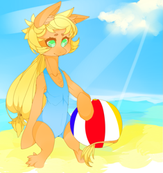 Size: 779x829 | Tagged: safe, artist:oliviaandedd, applejack, earth pony, pony, ball, beach, chest fluff, clothes, ear fluff, leonine tail, one-piece swimsuit, sitting, solo, swimsuit, wat