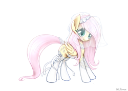 Size: 753x535 | Tagged: safe, artist:mlpanon, fluttershy, pegasus, pony, clothes, cute, dress, female, mare, pretty, ribbon, shyabetes, simple background, smiling, solo, standing, stockings, veil, waifu, wedding dress, white background