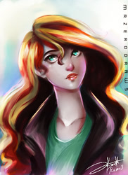 Size: 349x480 | Tagged: safe, artist:bunsogen, sunset shimmer, human, anatomically incorrect, are you frustrated?, clothes, female, humanized, jacket, leather jacket, long neck, signature, solo