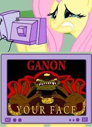 Size: 560x772 | Tagged: safe, fluttershy, pegasus, pony, cd-i, exploitable meme, fluttercry, ganon, lady gaga, link: the faces of evil, meme, obligatory pony, the legend of zelda, tv meme, youtube poop