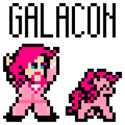 Size: 400x400 | Tagged: safe, artist:owatheone, bubble berry, pinkie pie, human, beard, clothes, convention, cosplay, galacon, necktie, pinkie guy, pixel art, rule 63, suit