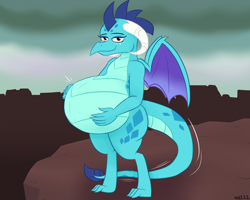 Size: 2000x1600 | Tagged: safe, artist:theimmortalwolf, dragon lord ember, princess ember, dragon, belly, big belly, dragoness, female, hand on belly, moma ember, pregnant, smiling, solo, wings