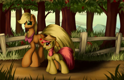 Size: 2550x1650 | Tagged: safe, artist:grennadder, apple bloom, applejack, earth pony, pony, accessory swap, bow, hat