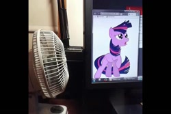 Size: 960x640 | Tagged: safe, derpibooru import, twilight sparkle, computer, fan, windswept mane