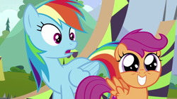 Size: 1280x720 | Tagged: safe, derpibooru import, screencap, rainbow dash, scootaloo, pegasus, pony, the washouts (episode), cute, cutealoo, duo, faic, female, filly, mare, squee, wide eyes