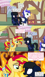 Size: 1280x2168 | Tagged: safe, artist:hakunohamikage, sunset shimmer, oc, oc:azure eve, oc:cylestea, oc:silent kosmos, pegasus, pony, armor, ask, ask-princesssparkle, baby, baby pony, dusk guard, female, fiery shimmer, fire, magical lesbian spawn, male, mare, offspring, parent:sunset shimmer, parent:trixie, parents:suntrix, stallion, tumblr