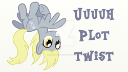 Size: 1024x576 | Tagged: safe, artist:mimicproductions, derpy hooves, pony, female, plot, plot twist, solo, upside down, watermark