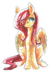 Size: 3169x4273 | Tagged: safe, artist:ombrepony, fluttershy, pegasus, pony, absurd resolution, simple background, sitting, solo, traditional art