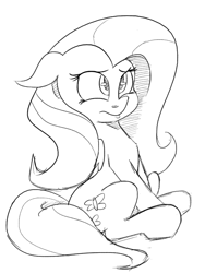 Size: 592x786 | Tagged: safe, artist:purple-yoshi-draws, fluttershy, pegasus, pony, lineart, monochrome, sitting, solo