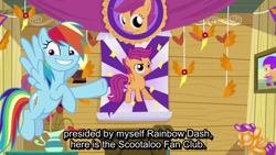 Size: 1280x720 | Tagged: safe, derpibooru import, screencap, rainbow dash, scootaloo, pegasus, pony, the washouts (episode), female, flying, mare, scootaloo fanclub, solo, subtitles