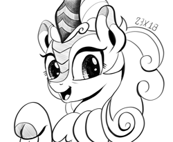 Size: 1280x1053 | Tagged: safe, artist:dsana, autumn blaze, kirin, sounds of silence, bust, cloven hooves, female, ink drawing, inktober, lineart, looking at you, monochrome, open mouth, raised hoof, simple background, sketch, smiling, solo, traditional art, white background