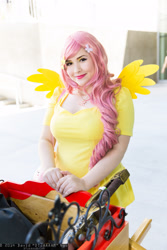 Size: 1365x2048 | Tagged: artist needed, safe, fluttershy, human, 2014, cart, convention, cosplay, defictionalization, fanimecon, irl, irl human, photo, solo