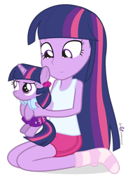 Size: 570x780 | Tagged: safe, artist:dm29, derpibooru import, twilight sparkle, equestria girls, clothes, cute, dressup, duality, duo, equestria girls outfit, filly, grumpy, human ponidox, julian yeo is trying to murder us, pony pet, simple background, socks, square crossover, striped socks, transparent background, underwear