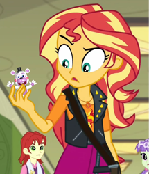 Size: 912x1060 | Tagged: safe, artist:optimussparkle, edit, edited screencap, screencap, nolan north, starlight, sunset shimmer, better together, equestria girls, forgotten friendship, exploitable meme, five nights at freddy's, fnaf 6, freddy fazbear's pizzeria simulator, geode of empathy, helpy, magical geodes, meme, sunset holding things