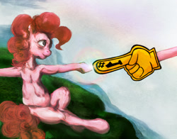 Size: 1534x1204 | Tagged: safe, artist:dungeonxdrugs, artist:miradge, pinkie pie, earth pony, pony, female, fine art parody, foam finger, mare, painting, solo, the creation of adam, uncanny valley