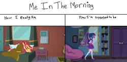 Size: 1552x766 | Tagged: safe, edit, edited screencap, editor:nightshadowmlp, screencap, sci-twi, sunset shimmer, twilight sparkle, eqg summertime shorts, equestria girls, monday blues, alarm clock, backpack, beanbag chair, bed, book, calendar, chair, clock, comparison, covers, door, mirror, pictures, pillow, text, window