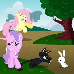 Size: 1950x1950 | Tagged: safe, artist:magerblutooth, angel bunny, diamond tiara, fluttershy, oc, oc:dazzle, cat, pegasus, pony