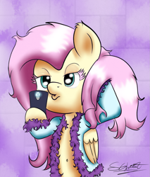 Size: 831x977 | Tagged: safe, artist:schizophrenicghost, fluttershy, pegasus, pony, belly button, clothes, duckface, phone, robe, selfie, solo