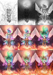 Size: 1914x2700 | Tagged: safe, artist:assasinmonkey, princess celestia, alicorn, pony, armor, glowing eyes, glowing horn, progress, sketch, solo, wip