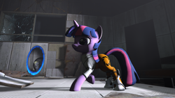 Size: 1024x576 | Tagged: safe, artist:vinuldash, derpy hooves, twilight sparkle, pegasus, pony, 3d, crossover, female, mare, portal, portal (valve)