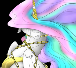 Size: 1000x892 | Tagged: safe, artist:backlash91, princess celestia, alicorn, pony, chains, crying, fluffy, frown, hair over eyes, hidden eyes, sad, solo