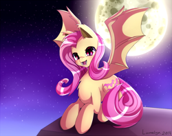 Size: 800x632 | Tagged: safe, artist:lumelya, fluttershy, chest fluff, ear fluff, flutterbat, looking at you, moon, night, solo, spread wings