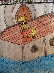 Size: 1513x2047 | Tagged: safe, artist:partyponyproductions, applejack, earth pony, pony, boat, colored, cute, door, drawing, ocean, request, sky, solo, water