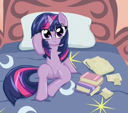 Size: 1182x1047 | Tagged: safe, artist:kaizenwerx, derpibooru import, twilight sparkle, alternate hairstyle, anatomically incorrect, bed, book, cute, featureless crotch, incorrect leg anatomy, looking at you, solo, twiabetes