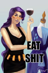 Size: 400x598 | Tagged: safe, artist:agataczerw, edit, rarity, human, clothes, dress, eat shit, glasses, humanized, nail polish, needle, photoshop, rarity's glasses, reaction image, sewing, solo, vulgar, wine