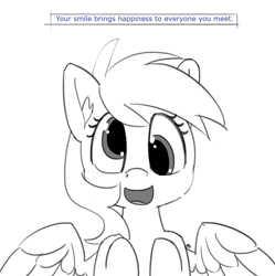Size: 1280x1287 | Tagged: safe, artist:pabbley, derpy hooves, pegasus, pony, cute, derpabetes, female, fortune cookie, grayscale, happy, heartwarming, looking at you, mare, monochrome, open mouth, simple background, smiling, solo, spread wings, truth, white background