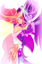 Size: 1086x1661 | Tagged: safe, artist:femujoshi, artist:pandamonzter, midnight sparkle, sci-twi, sunset shimmer, twilight sparkle, equestria girls, friendship games, crying, daydream shimmer, duo, female, lesbian, midnightdaydream, scitwishimmer, shipping, simple background, sunsetsparkle, white background