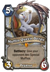Size: 400x569 | Tagged: safe, artist:cannibalus, derpy hooves, pegasus, pony, card, crossover, food, hearthstone, legendary, muffin, muffin queen, priest, solo, trading card, trading card game, warcraft