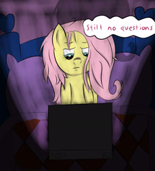 Size: 1945x2155 | Tagged: safe, artist:rainb0wdashie, fluttershy, pegasus, pony, ask lonershy, computer, dark room, laptop computer, messy mane, solo, thought bubble