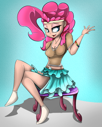 Size: 1000x1250 | Tagged: safe, artist:madacon, pinkie pie, human, belly button, clothes, humanized, midriff, sitting, skirt, solo