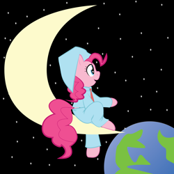 Size: 2000x2000 | Tagged: safe, artist:dualx, artist:php27, pinkie pie, earth pony, pony, crescent moon, earth, hat, moon, nightcap, nightgown, planet, solo, tangible heavenly object, transparent moon