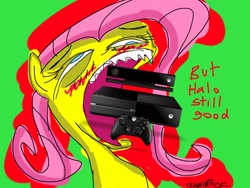 Size: 2400x1800 | Tagged: safe, artist:train wreck, fluttershy, pegasus, pony, eating, halo (series), op is a cuck, op is trying to start shit, wat, xbox, xbox one