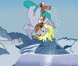 Size: 3840x3248 | Tagged: safe, artist:hideki4, derpy hooves, pegasus, pony, clothes, epic derpy, female, mare, scarf, snow, snowboard, snowboarding, solo, underhoof, upside down