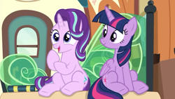 Size: 1280x720 | Tagged: safe, screencap, starlight glimmer, twilight sparkle, twilight sparkle (alicorn), alicorn, pony, unicorn, the times they are a changeling, cute, faic, female, glimmerbetes, mare, off model, open mouth, sitting, train