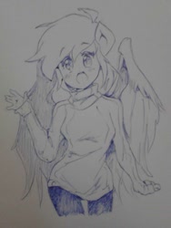 Size: 768x1024 | Tagged: safe, artist:thegreatrouge, derpy hooves, anthro, blushing, clothes, cute, monochrome, open mouth, simple background, sketch, solo, traditional art